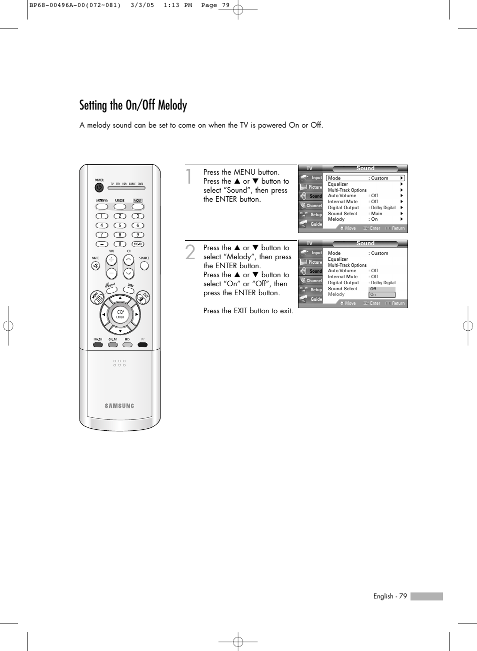 Setting the on/off melody | Samsung HL-R4266W User Manual | Page 79 / 108