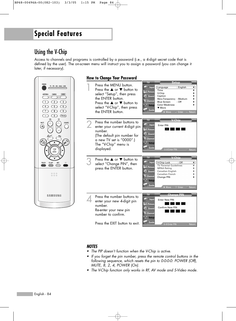 Using the v-chip, Special features, How to change your password | Samsung HL-R4266W User Manual | Page 84 / 108