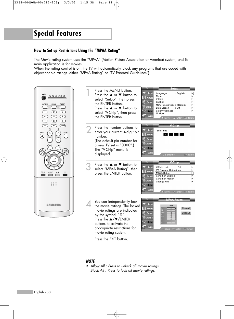 Special features, How to set up restrictions using the “mpaa rating | Samsung HL-R4266W User Manual | Page 88 / 108