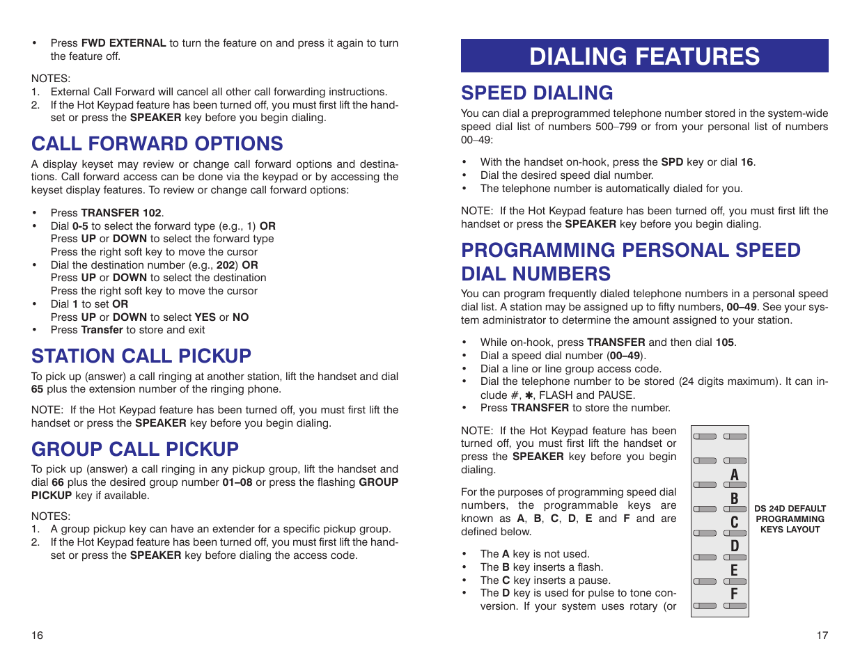 Dialing features, Speed dialing, Programming personal speed dial numbers | Call forward options, Station call pickup, Group call pickup | Samsung DS 24D User Manual | Page 11 / 28