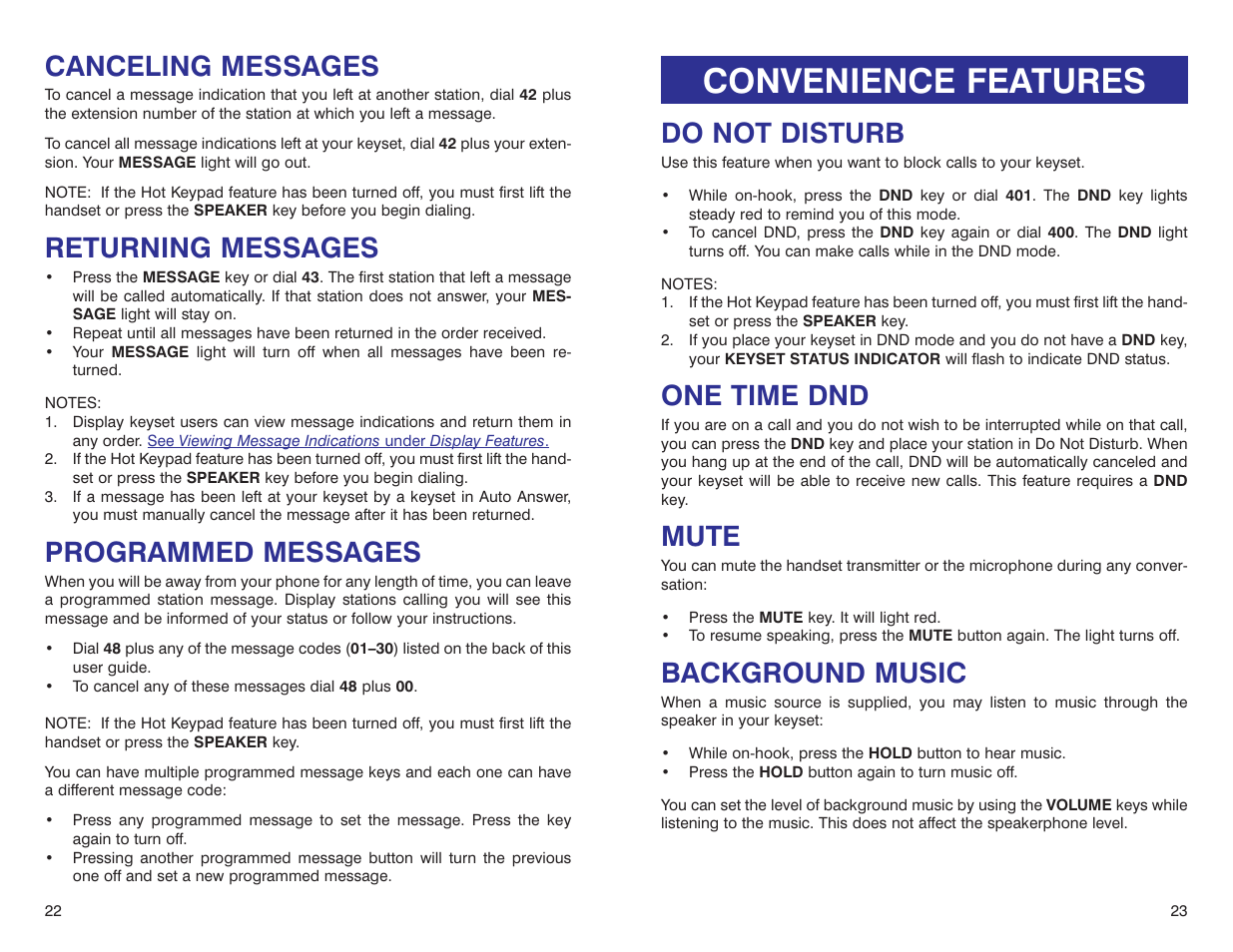 Convenience features, Do not disturb, One time dnd | Mute, Background music, Canceling messages, Returning messages, Programmed messages | Samsung DS 24D User Manual | Page 14 / 28