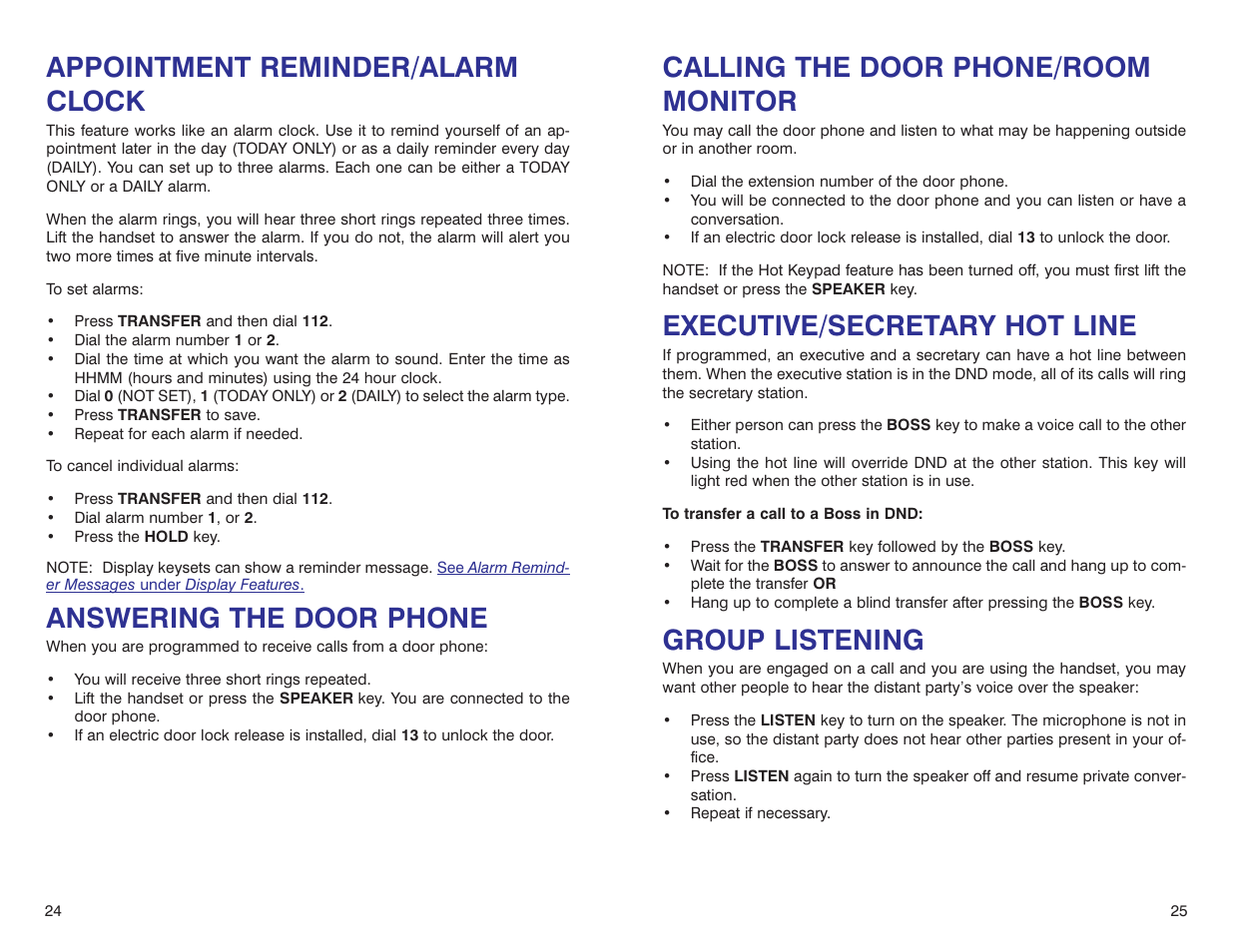Calling the door phone/room monitor, Executive/secretary hot line, Group listening | Appointment reminder/alarm clock, Answering the door phone | Samsung DS 24D User Manual | Page 15 / 28
