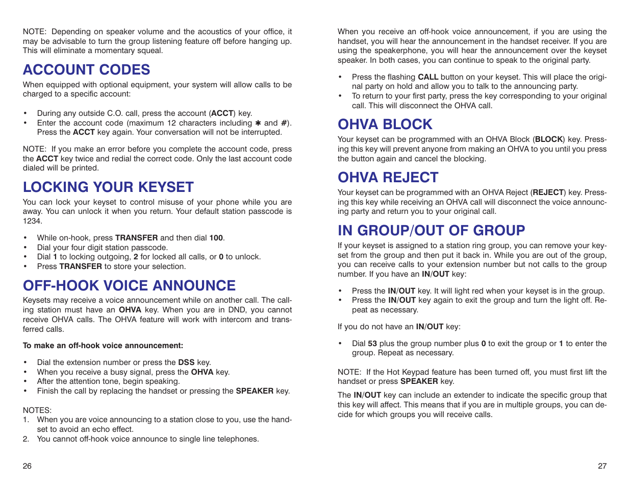 Ohva block, Ohva reject, Account codes | Locking your keyset, Off-hook voice announce | Samsung DS 24D User Manual | Page 16 / 28