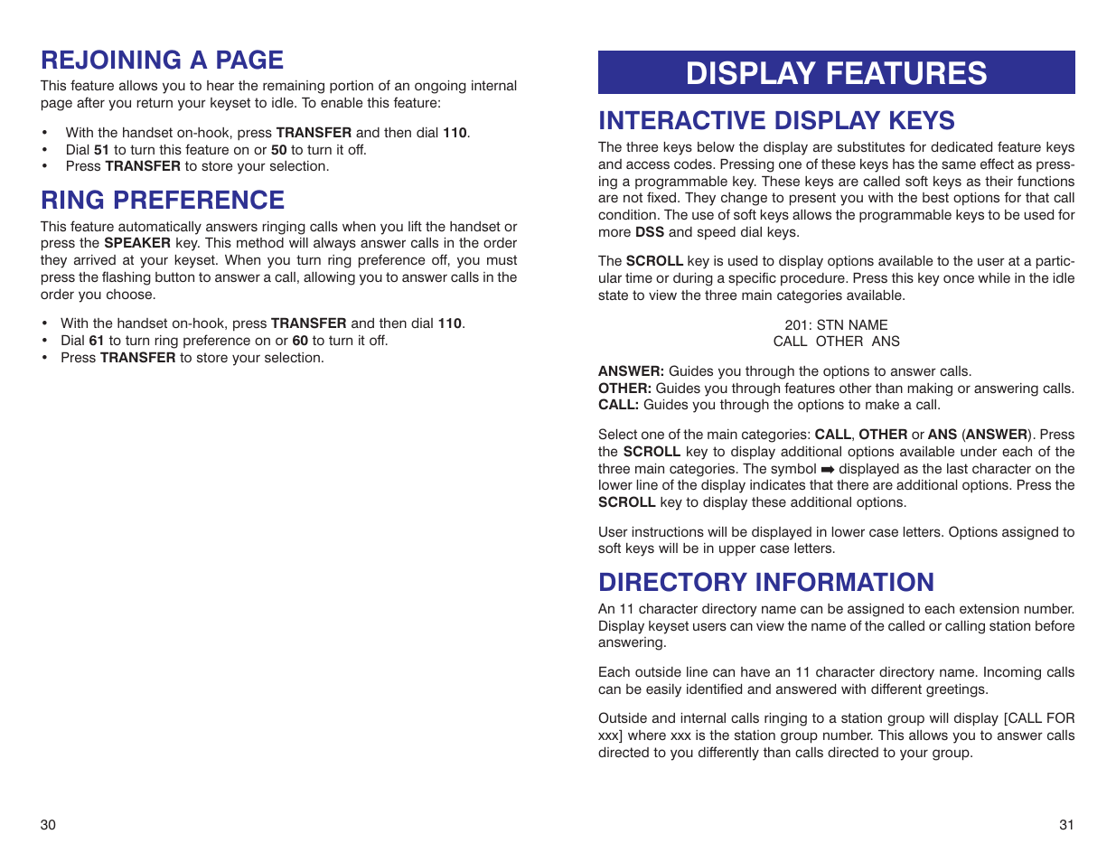 Display features, Interactive display keys, Directory information | Rejoining a page, Ring preference | Samsung DS 24D User Manual | Page 18 / 28
