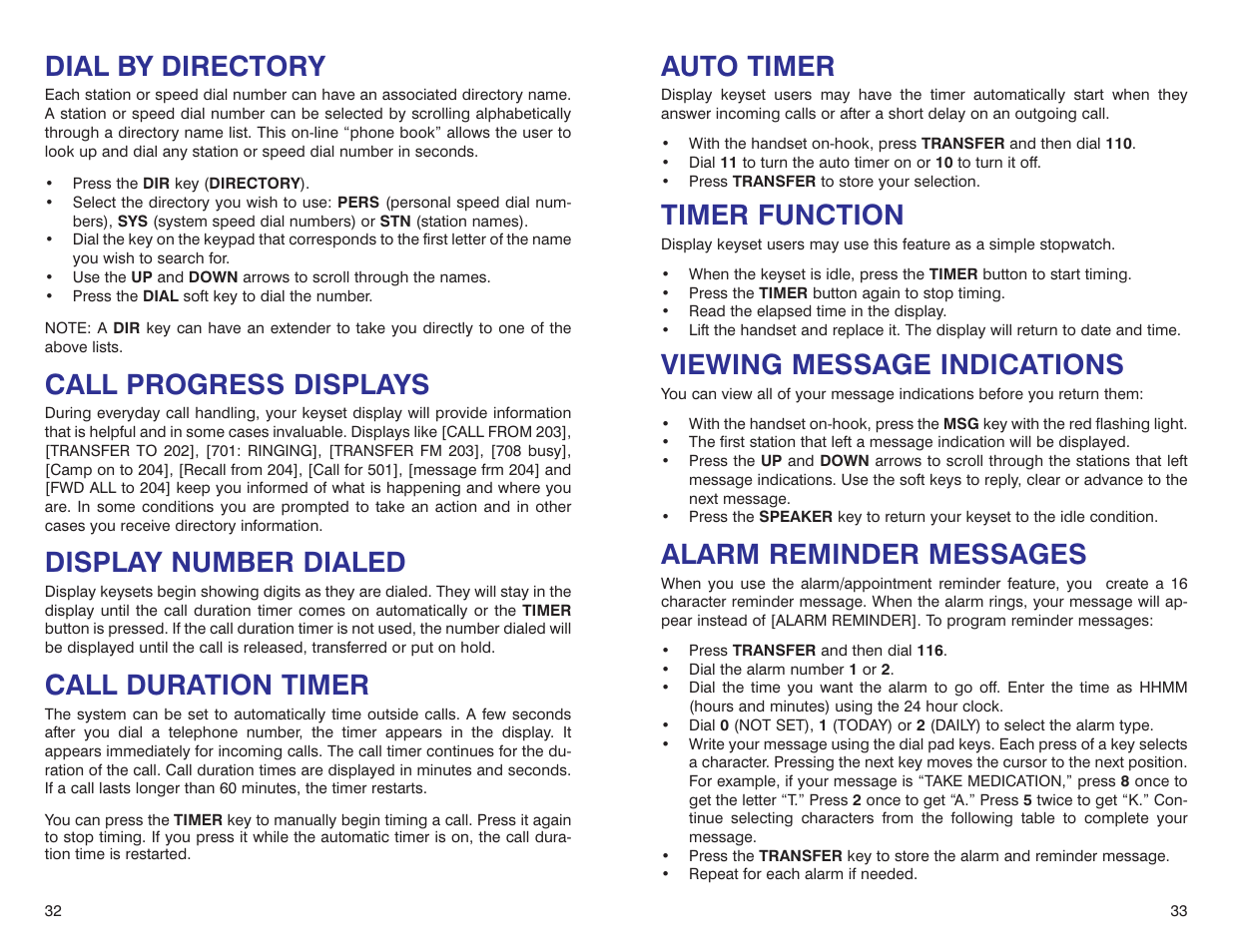 Auto timer, Timer function, Viewing message indications | Alarm reminder messages, Dial by directory, Call progress displays, Display number dialed, Call duration timer | Samsung DS 24D User Manual | Page 19 / 28
