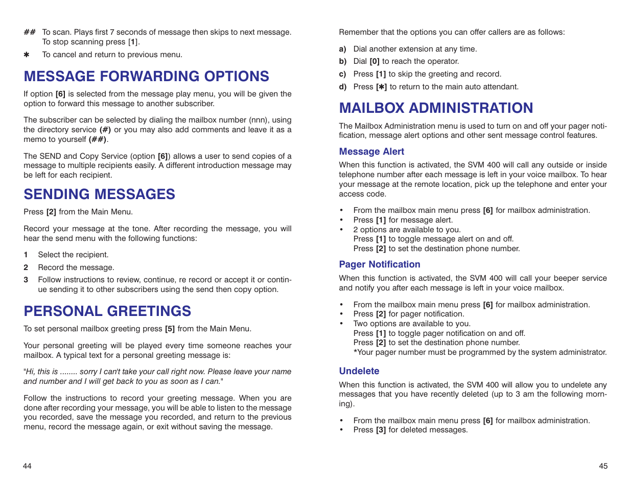 Mailbox administration, Message forwarding options, Sending messages | Personal greetings | Samsung DS 24D User Manual | Page 25 / 28