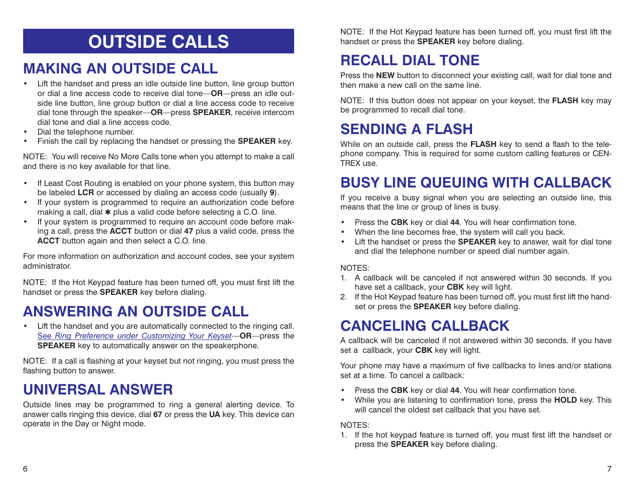Outside calls, Recall dial tone, Sending a flash | Busy line queuing with callback, Canceling callback, Making an outside call, Answering an outside call, Universal answer | Samsung DS 24D User Manual | Page 6 / 28