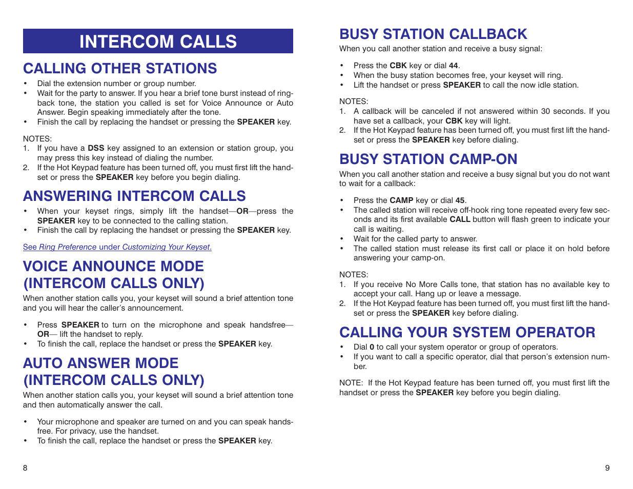 Intercom calls, Busy station callback, Busy station camp-on | Calling your system operator, Calling other stations, Answering intercom calls, Voice announce mode (intercom calls only), Auto answer mode (intercom calls only) | Samsung DS 24D User Manual | Page 7 / 28
