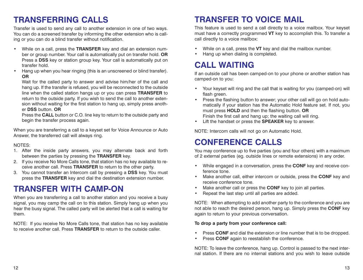 Transfer to voice mail, Call waiting, Conference calls | Transferring calls, Transfer with camp-on | Samsung DS 24D User Manual | Page 9 / 28