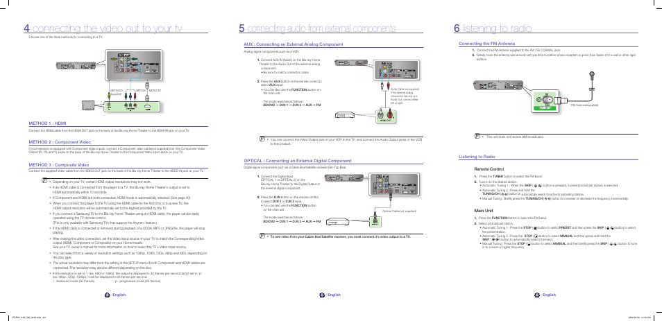 4 connecting the video out to your tv, 5 connecting audio from external components, 6 listening to radio | Samsung HT-BD2 User Manual | Page 2 / 2