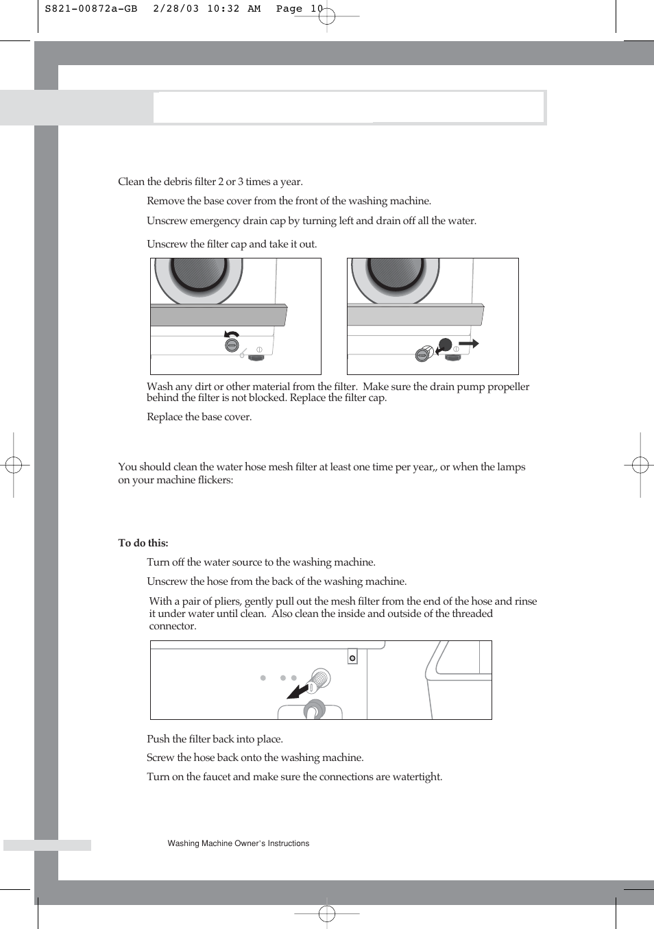 Maintaining the washing machine, Cleaning the debris filter, Cleaning the water hose mesh filter | Samsung S821 User Manual | Page 12 / 17