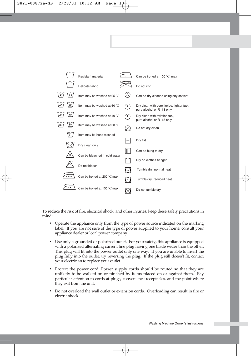 Appendix, Fabric care chart electrical warnings | Samsung S821 User Manual | Page 15 / 17