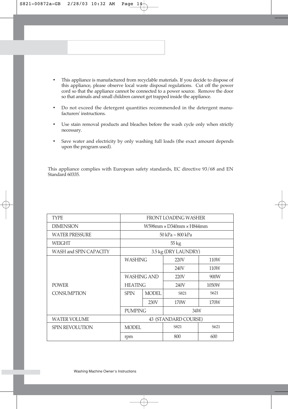 Appendix, Protecting the environment, Declaration of conformity | Specification | Samsung S821 User Manual | Page 16 / 17