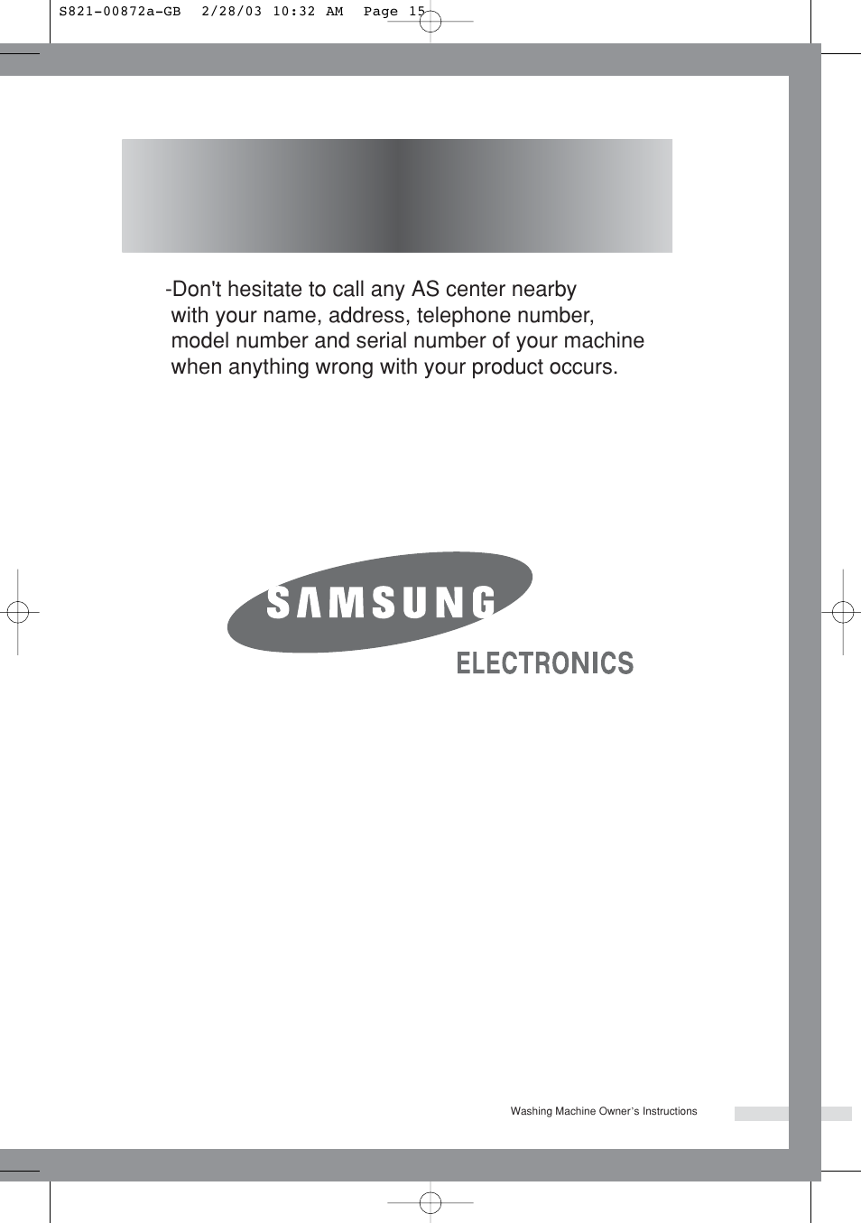 In case the need for servicing arises | Samsung S821 User Manual | Page 17 / 17