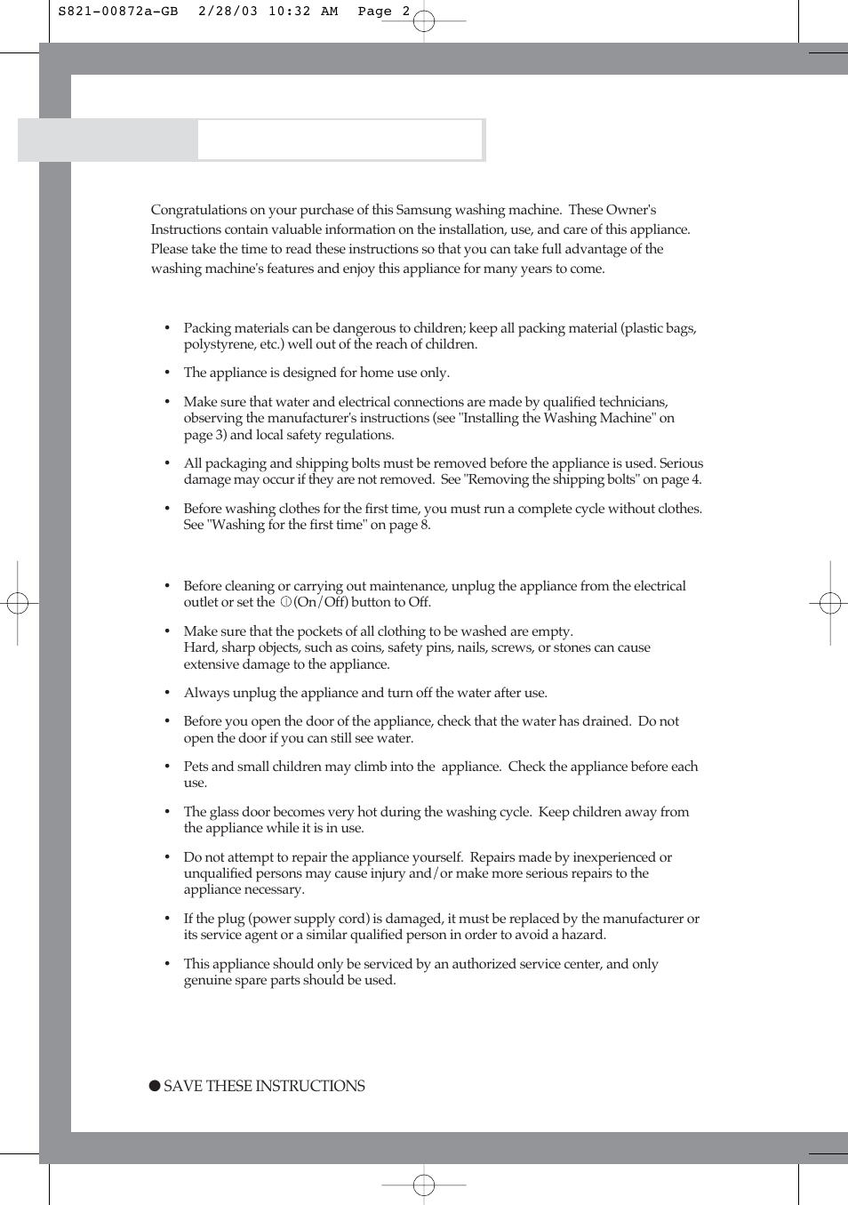 Safety precautions, Before using the appliance, Safety instructions | Samsung S821 User Manual | Page 2 / 17
