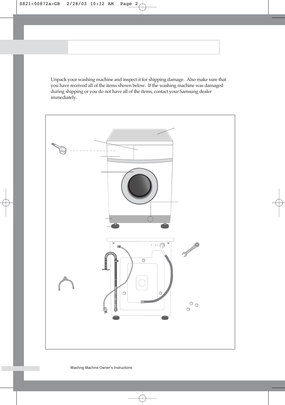 Installing the washing machine, Unpacking the washing machine, Overview of the washing machine | Samsung S821 User Manual | Page 4 / 17