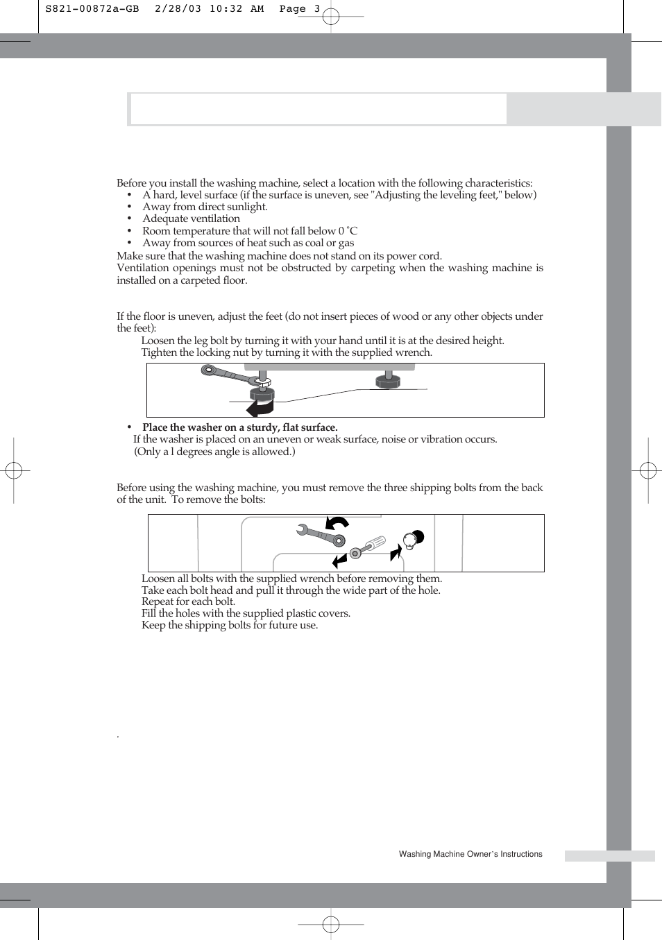 Installing the washing machine, Selecting a location, Adjusting the leveling feet | Removing the shipping bolts | Samsung S821 User Manual | Page 5 / 17