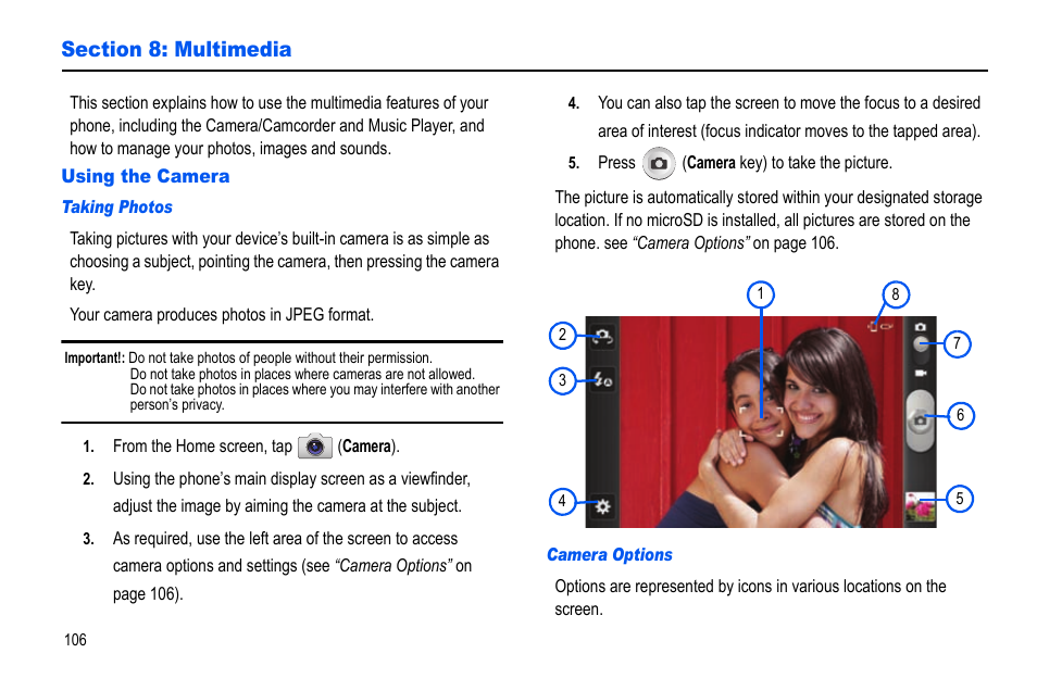 Section 8: multimedia, Using the camera | Samsung GALAXY S SGH-T989D User Manual | Page 114 / 223