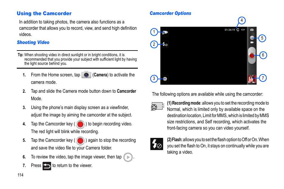 Using the camcorder | Samsung GALAXY S SGH-T989D User Manual | Page 122 / 223