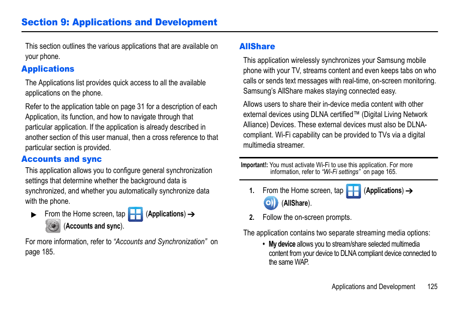 Section 9: applications and development, Applications, Accounts and sync | Allshare, Applications accounts and sync allshare | Samsung GALAXY S SGH-T989D User Manual | Page 133 / 223