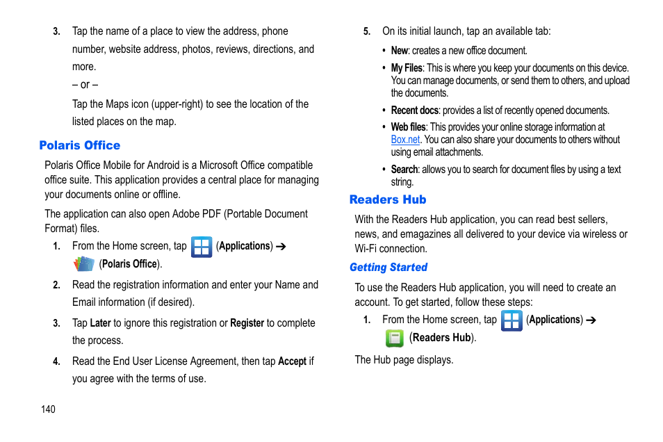 Polaris office, Readers hub, Polaris office readers hub | Samsung GALAXY S SGH-T989D User Manual | Page 148 / 223