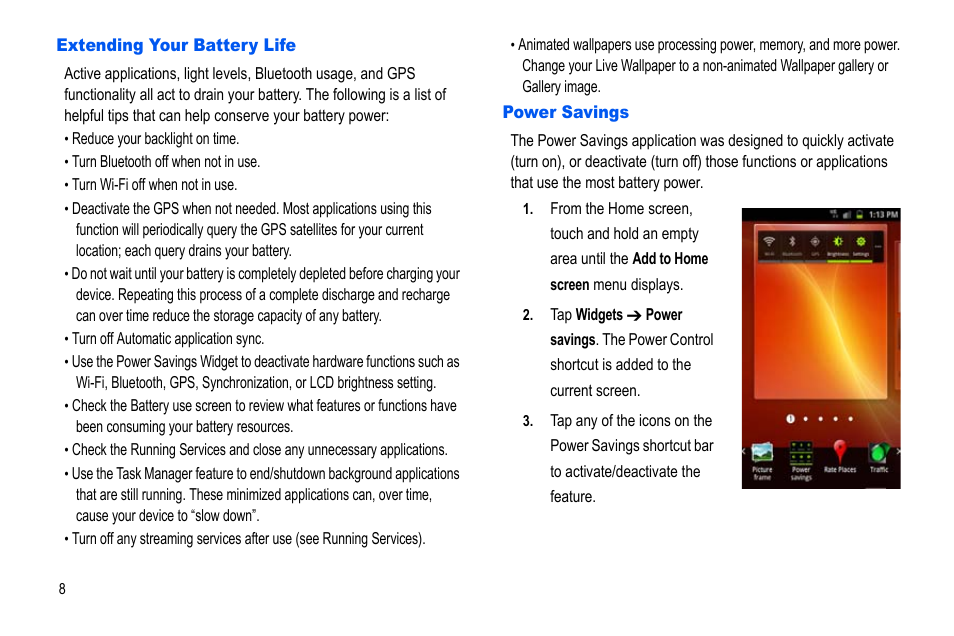 Extending your battery life, Power savings, Extending your battery life power savings | Samsung GALAXY S SGH-T989D User Manual | Page 16 / 223