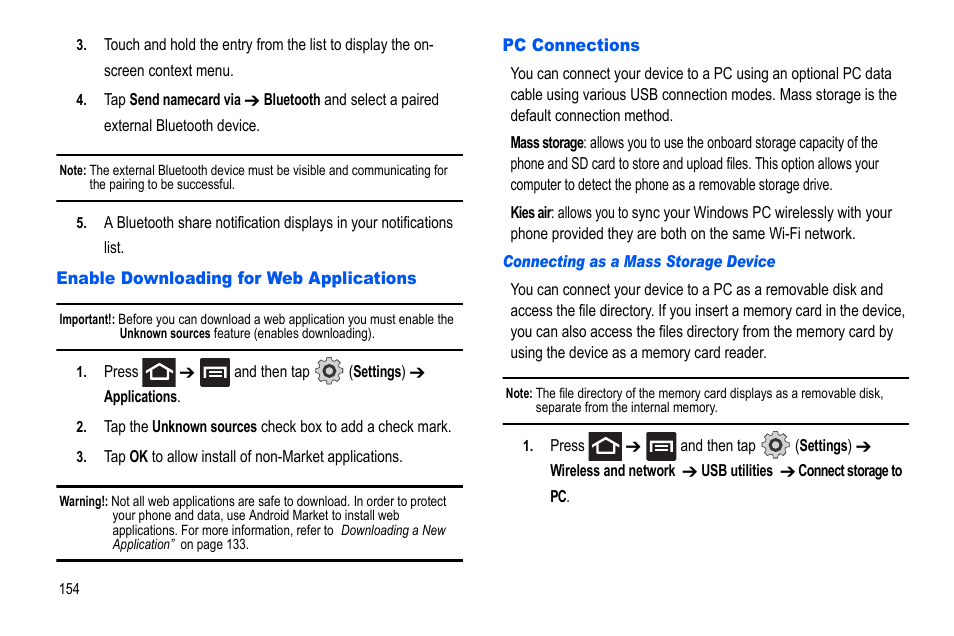 Enable downloading for web applications, Pc connections | Samsung GALAXY S SGH-T989D User Manual | Page 162 / 223