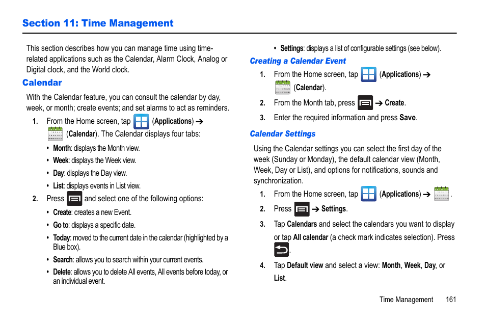 Section 11: time management, Calendar | Samsung GALAXY S SGH-T989D User Manual | Page 169 / 223