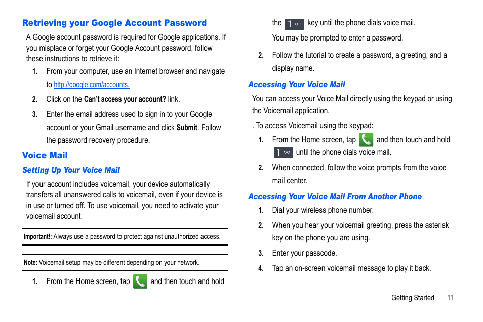 Retrieving your google account password, Voice mail, Retrieving your google account password voice mail | Samsung GALAXY S SGH-T989D User Manual | Page 19 / 223