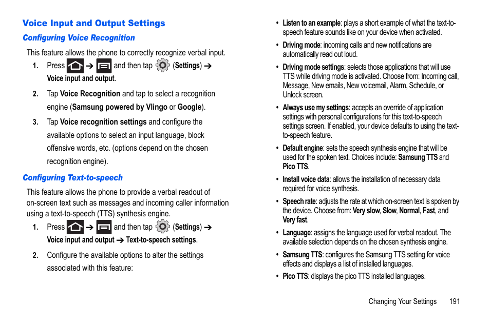 Voice input and output settings | Samsung GALAXY S SGH-T989D User Manual | Page 199 / 223