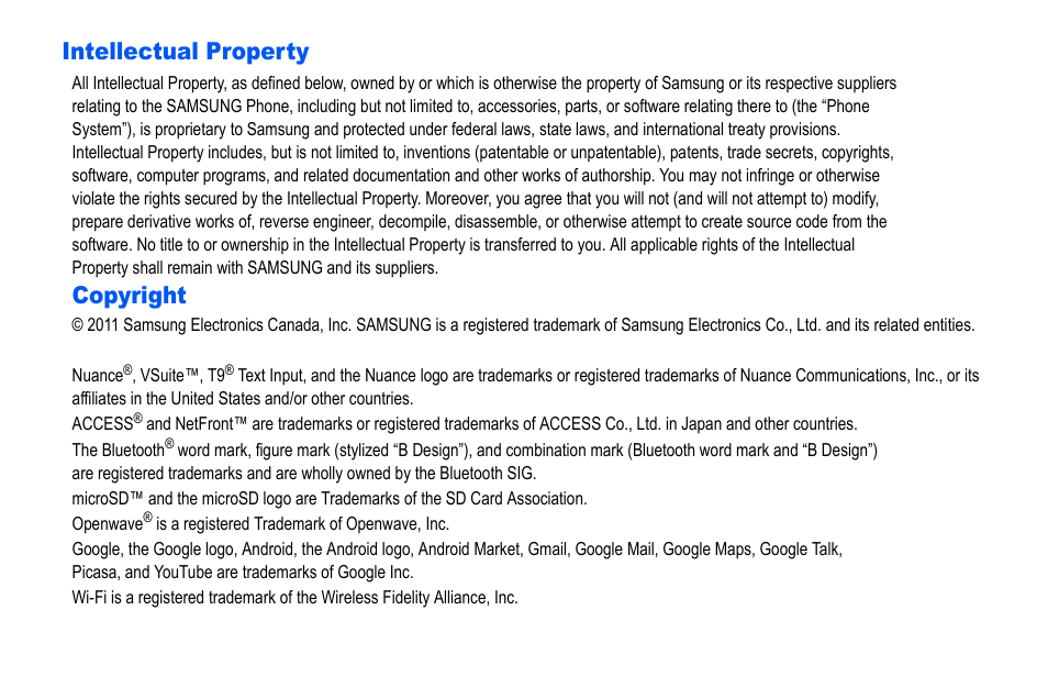 Intellectual property, Copyright | Samsung GALAXY S SGH-T989D User Manual | Page 2 / 223