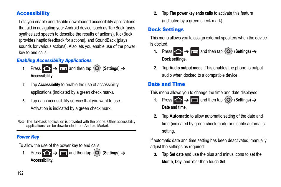 Accessibility, Dock settings, Date and time | Accessibility dock settings date and time | Samsung GALAXY S SGH-T989D User Manual | Page 200 / 223