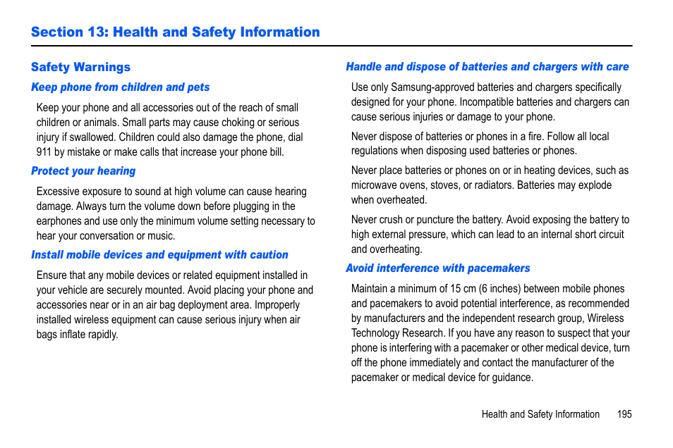 Section 13: health and safety information, Safety warnings | Samsung GALAXY S SGH-T989D User Manual | Page 203 / 223