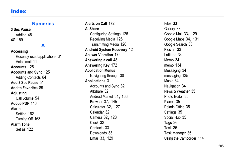 Index | Samsung GALAXY S SGH-T989D User Manual | Page 213 / 223