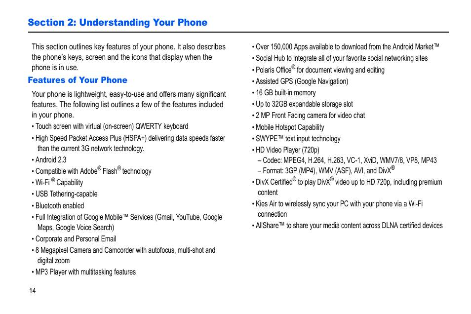 Section 2: understanding your phone, Features of your phone | Samsung GALAXY S SGH-T989D User Manual | Page 22 / 223