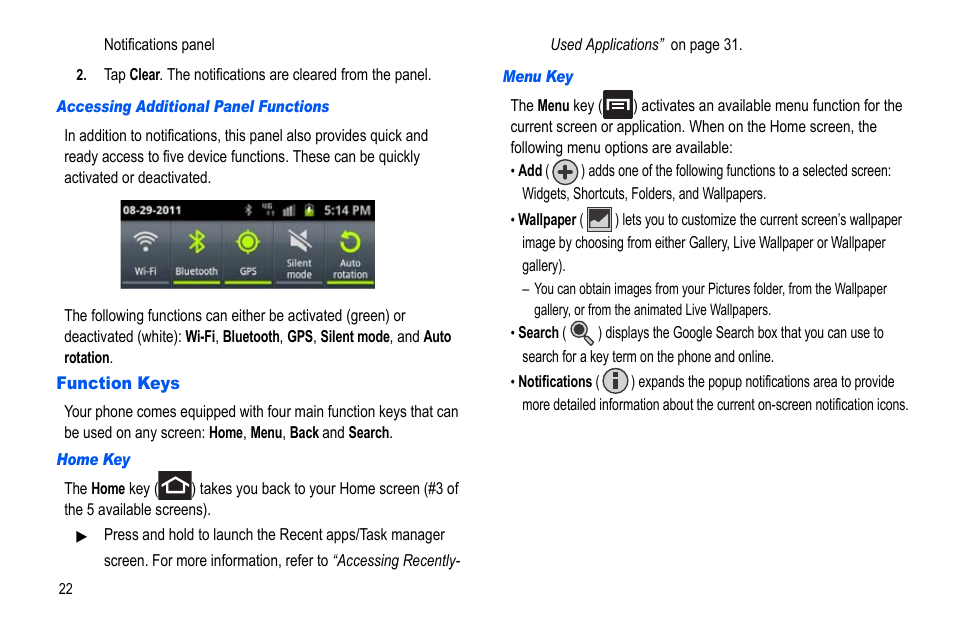 Function keys | Samsung GALAXY S SGH-T989D User Manual | Page 30 / 223