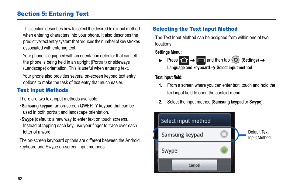 Section 5: entering text, Text input methods, Selecting the text input method | Text input methods selecting the text input method | Samsung GALAXY S SGH-T989D User Manual | Page 70 / 223