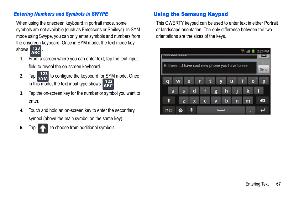 Using the samsung keypad | Samsung GALAXY S SGH-T989D User Manual | Page 75 / 223