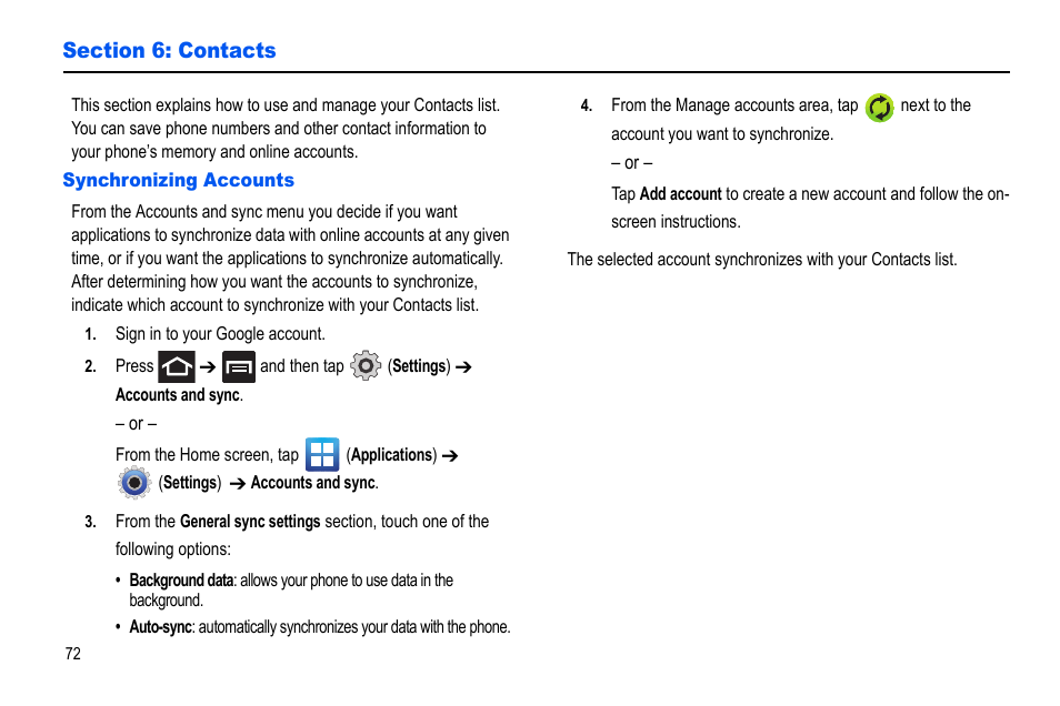 Section 6: contacts, Synchronizing accounts | Samsung GALAXY S SGH-T989D User Manual | Page 80 / 223