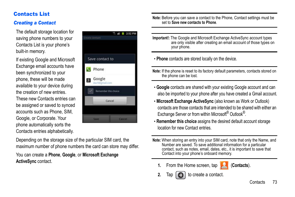 Contacts list | Samsung GALAXY S SGH-T989D User Manual | Page 81 / 223