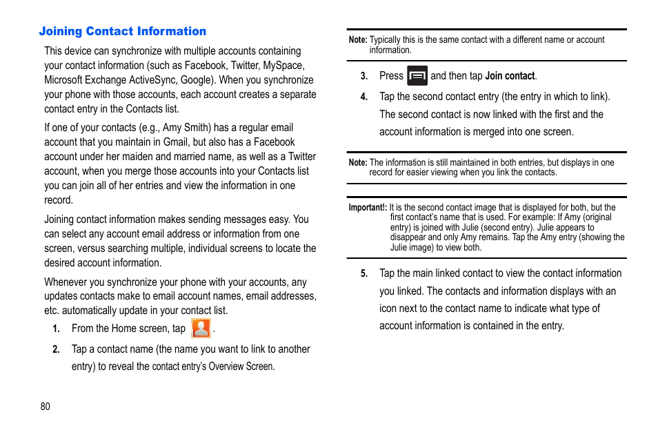 Joining contact information | Samsung GALAXY S SGH-T989D User Manual | Page 88 / 223