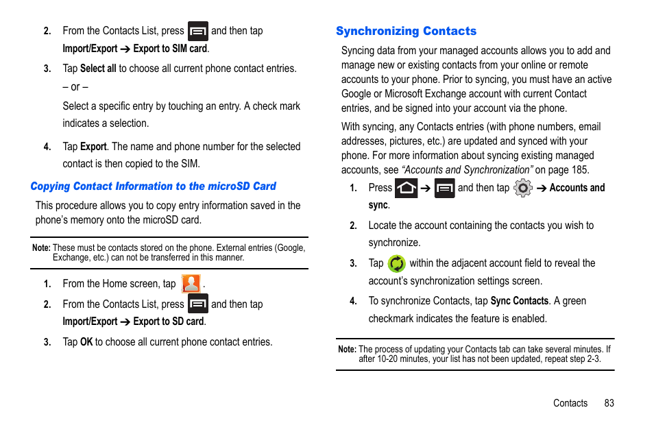 Synchronizing contacts | Samsung GALAXY S SGH-T989D User Manual | Page 91 / 223