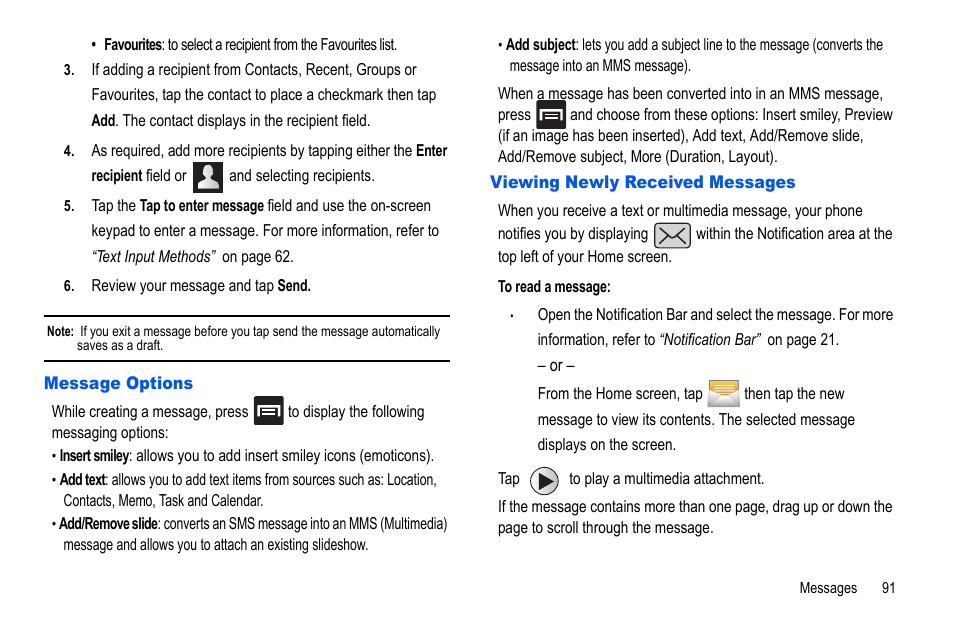 Message options, Viewing newly received messages, Message options viewing newly received messages | Samsung GALAXY S SGH-T989D User Manual | Page 99 / 223