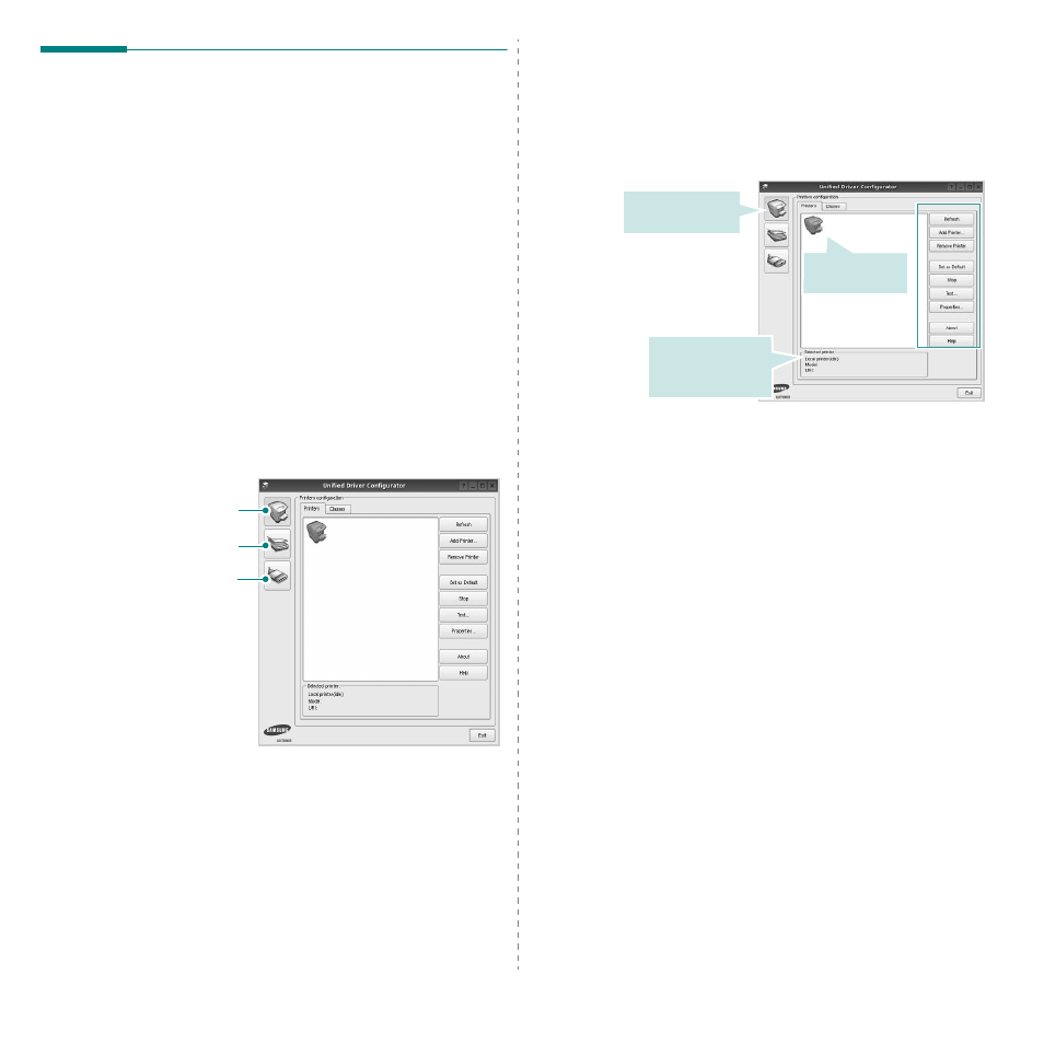 Using the unified driver configurator, Opening the unified driver configurator, Printers configuration | Samsung SCX-4521FG User Manual | Page 104 / 117