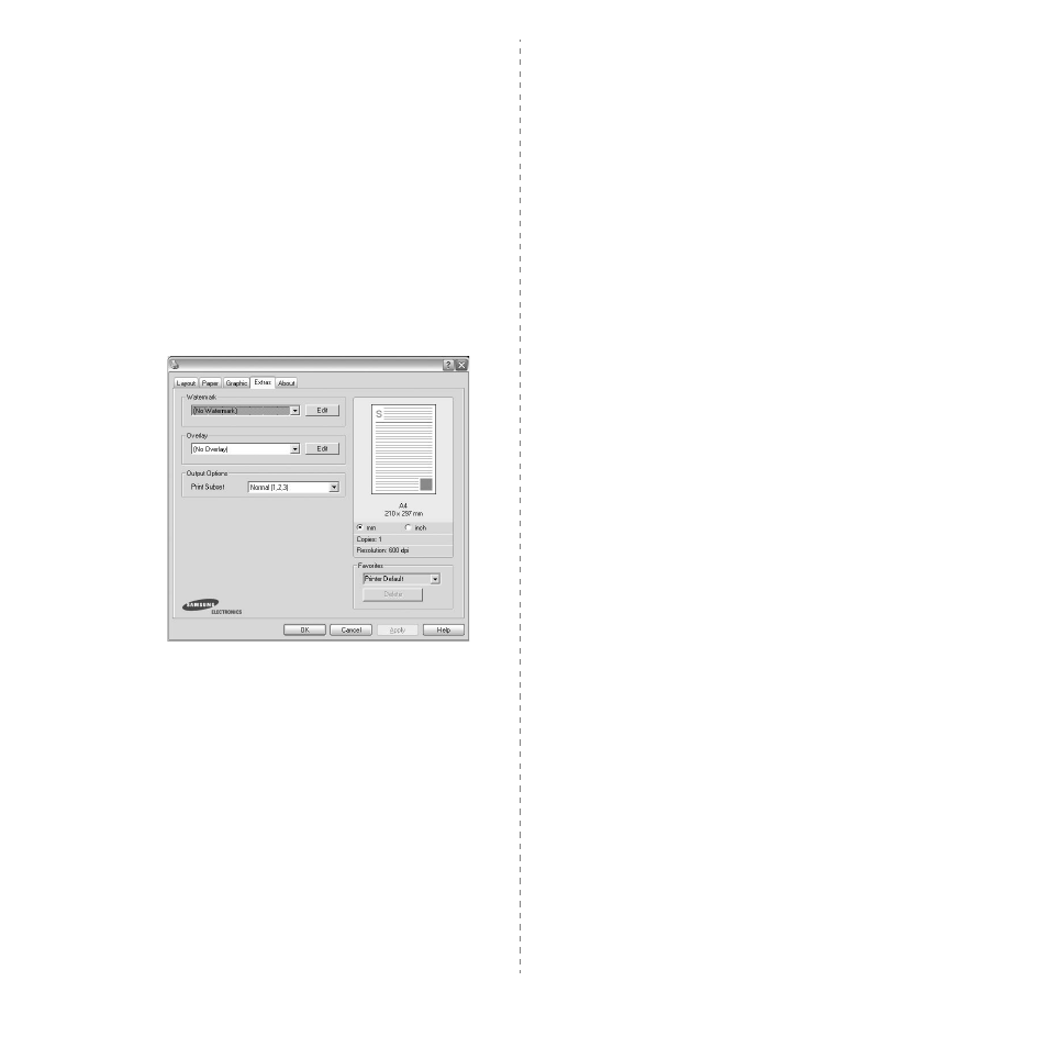 Extras tab, About tab, Printer tab | Extras tab about tab printer tab, Extras tab - about tab - printer tab | Samsung SCX-4521FG User Manual | Page 90 / 117