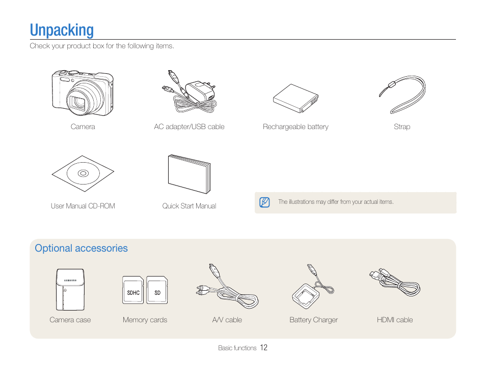 Unpacking, Unpacking …………………………………………………12, Optional accessories | Samsung WB650 User Manual | Page 13 / 113