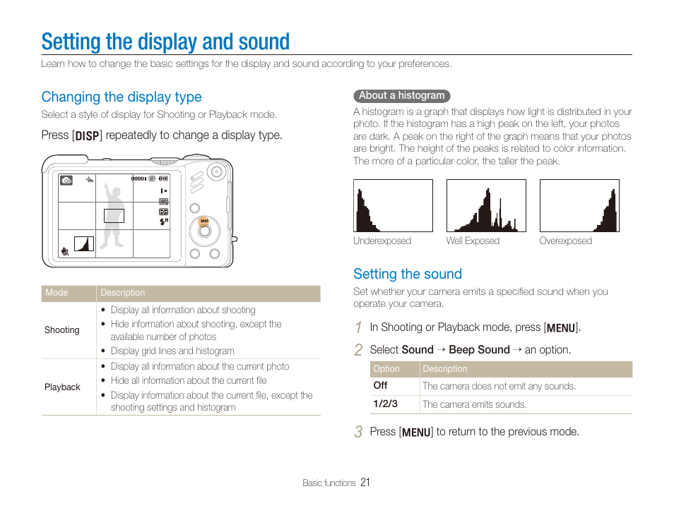 Setting the display and sound, Changing the display type, Setting the sound | Changing the display type setting the sound, Setting the display and sound ……………………………21, Changing the display type…………………………………… 21, Setting the sound …………………………………………… 21 | Samsung WB650 User Manual | Page 22 / 113