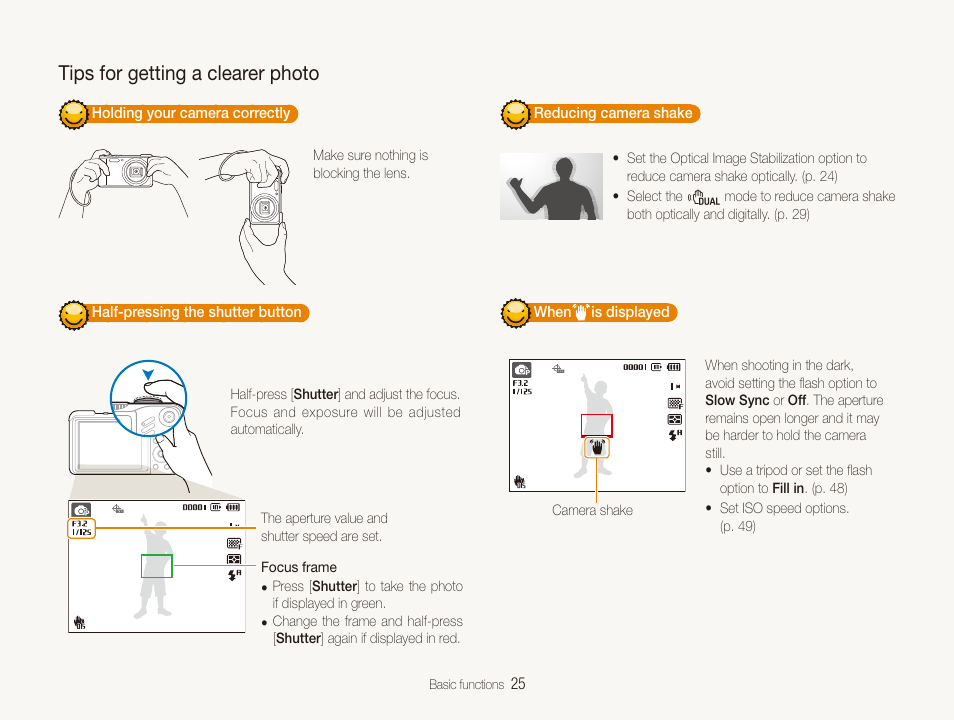 Tips for getting a clearer photo, Tips for getting a clearer photo …………………………25 | Samsung WB650 User Manual | Page 26 / 113