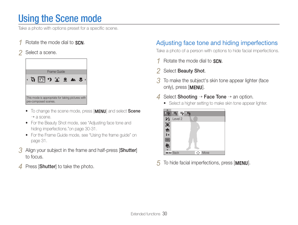 Using the scene mode, Adjusting face tone and hiding imperfections | Samsung WB650 User Manual | Page 31 / 113