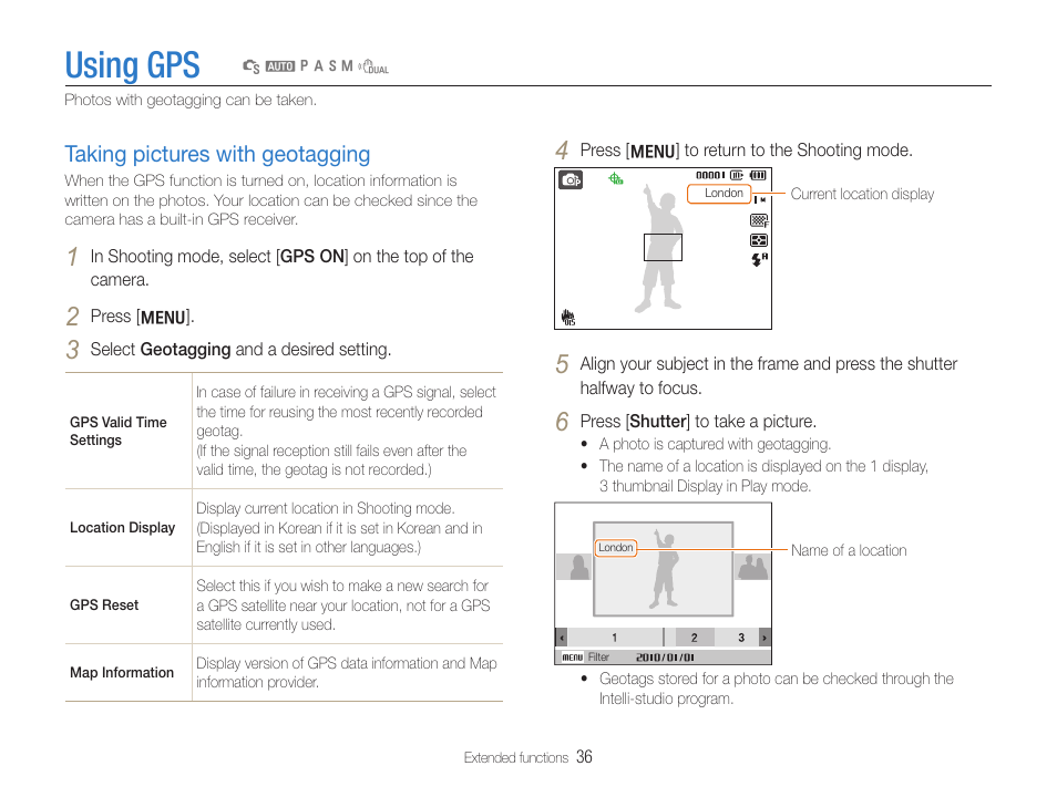 Using gps, Taking pictures with geotagging | Samsung WB650 User Manual | Page 37 / 113